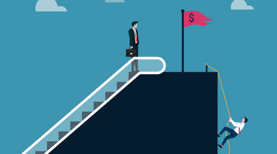 businessman climbs with elevator when another climb with rope. Work smarter to achieve better speed, efficiency and success