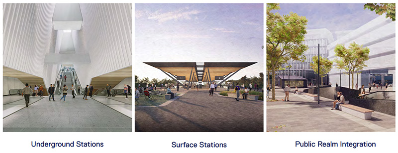 Design Renderings Three-panel rendering of Dublin MetroLink: left, underground station interior with escalators; center, surface station with canopy and passengers; right, public plaza with seating and landscaping integrated with buildings.